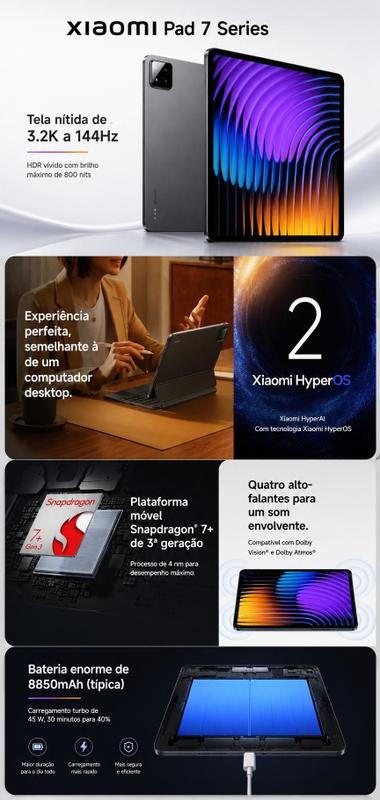 Tablet Xiaomi Pad 7 256GB 8GB Cinza Snapdragon 7 Gen 3 Tela de 11